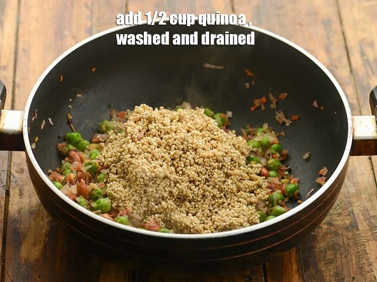 Step 18 – <p><span style="background-color:rgb(255,255,255);color:rgb(0,0,0);">1/2 કપ </span><a href="https://www.tarladalal.com/glossary-quinoa-gujarati-2395i"><u>કીનોવા ( quinoa ) </u></a><span style="background-color:rgb(255,255,255);color:rgb(0,0,0);">, ધોઈને ગાળી લીધેલા</span> ઉમેરો.</p>