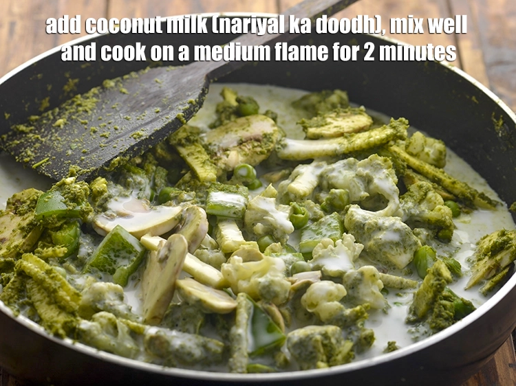 Step 21 – <p><span style="background-color:rgb(255,255,255);color:rgb(0,0,0);">2 કપ </span><a href="https://www.tarladalal.com/glossary-coconut-milk-nariyal-ka-doodh-gujarati-861i"><u>નાળિયેરનું દૂધ (coconut milk)</u></a> ઉમેરો, સારી રીતે મિક્સ કરો અને મધ્યમ …