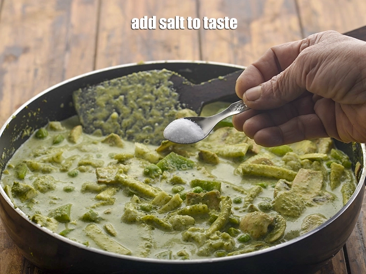 Step 23 – <p><strong>થાઈ ગ્રીન કરી</strong>માં <a href="https://www.tarladalal.com/glossary-salt-namak-table-salt-gujarati-418i"><u>મીઠું (salt) </u></a><span style="background-color:rgb(255,255,255);color:rgb(0,0,0);">, સ્વાદાનુસાર</span> ઉમેરો.</p>