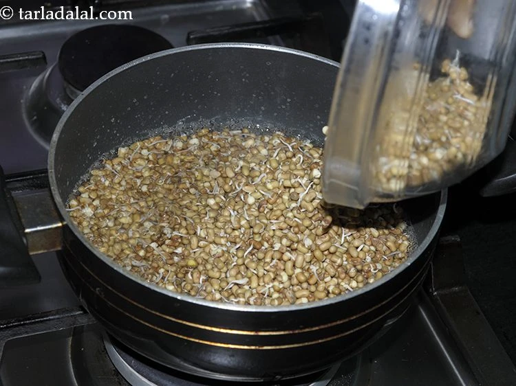 Step 17 – <p>પાણી ઉકળી ગયા પછી, ફણગાવેલા મઠ ઉમેરો.</p>