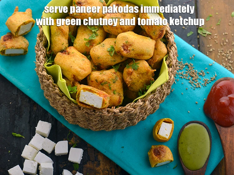 Step 30 – <p><strong>પનીર પકોડા</strong>ને ગ્રીન ચટણી અને ટમેટા કેચઅપ સાથે સર્વ કરો.</p>