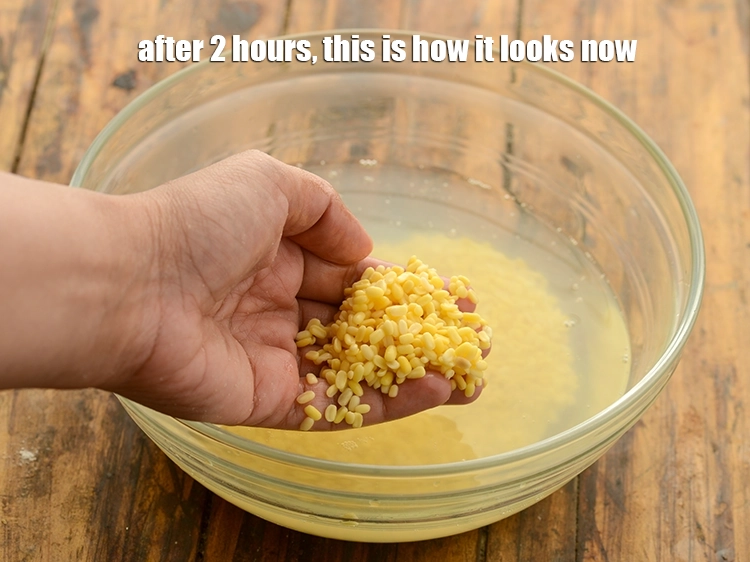 स्टेप 5 – <p><span style="background-color:rgb(255,255,255);color:rgb(0,0,0);">२ घंटे के बाद मूंग दाल इस तरह दिखती …