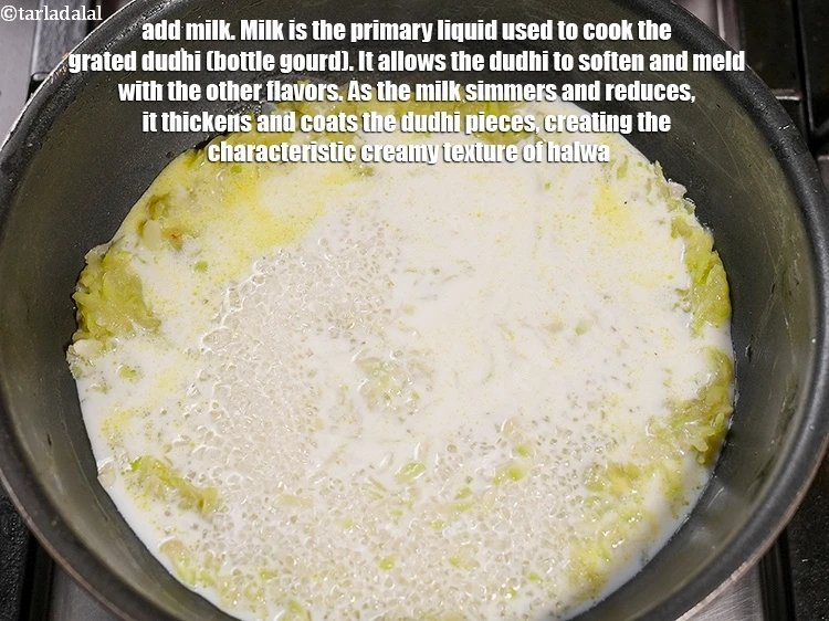 स्टेप 13 – <p>१ कप&nbsp;<a href="">दूध</a>&nbsp;डालें। दूध प्राथमिक तरल है जिसका उपयोग कद्दूकस …