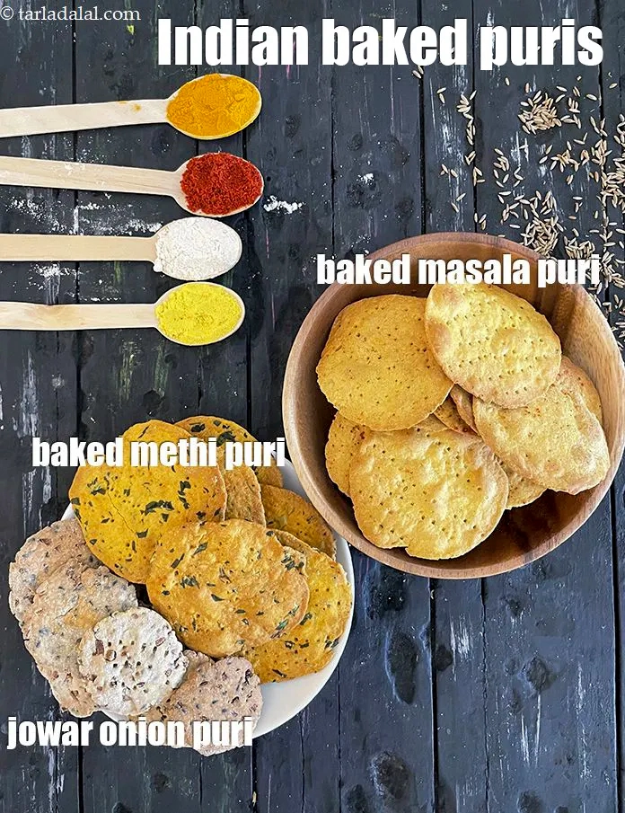 स्टेप 26 – <p><strong>भारतीय बेक्ड पूरियाँ।</strong> बाएँ से दाएँ: <a href="https://www.tarladalal.com/baked-jowar-onion-puri-for-weight-loss-hindi-22297r">ज्वार प्याज <strong>पूरी</strong></a> …