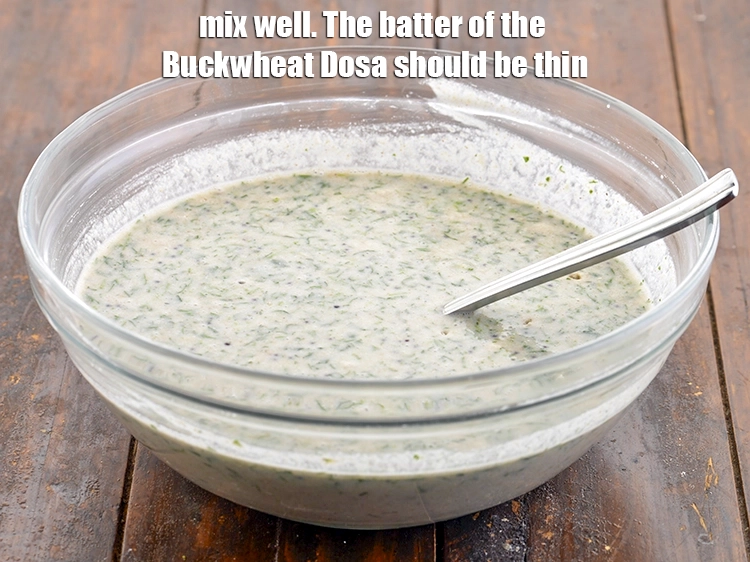 स्टेप 19 – <p>अच्छी तरह <strong>मिलाएँ</strong>। <strong>कुट्टू के डोसा का घोल पतला होना …