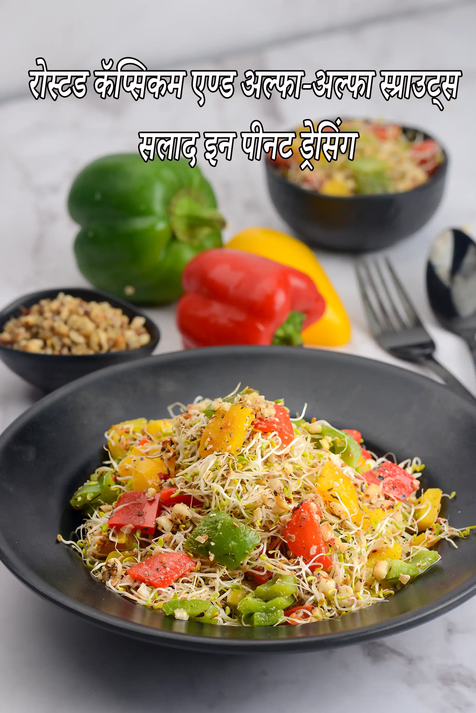 भुनी शिमला मिर्च और अल्फाल्फा स्प्राउट्स सलाद रेसिपी | शिमला मिर्च और स्प्राउट्स भारतीय सलाद | स्वस्थ स्प्राउट्स और शिमला मिर्च सलाद |