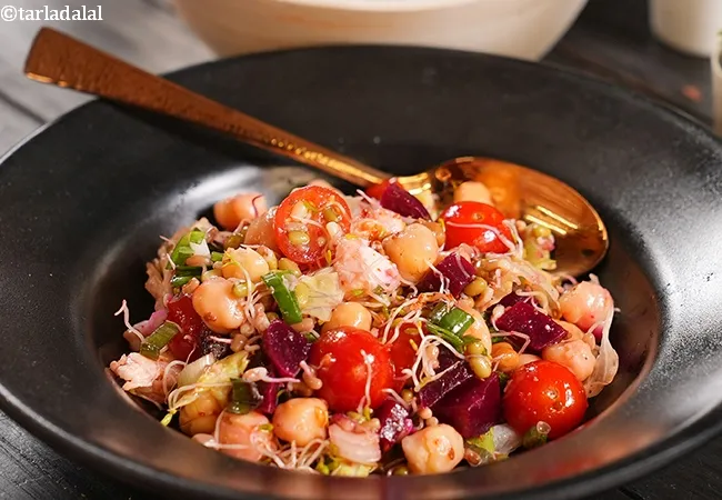 sprouts beetroot vegetable salad recipe | sprouts feta cheese vegetable salad | cherry tomatoes, sprouts protein and fibre rich salad |