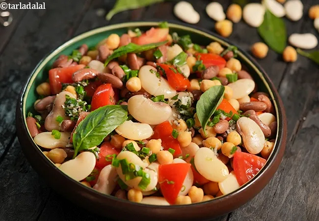three bean salad recipe | rajma, kabuli chana and rangoon na vaal salad | healthy Indian kidney beans, chick peas and broad field beans salad |