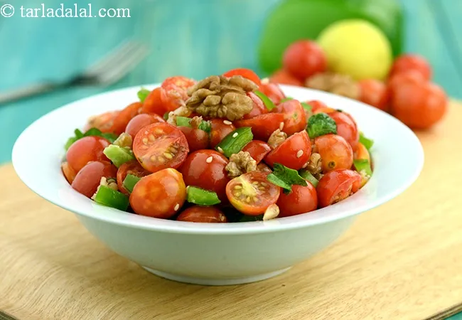 walnut and cherry tomato salad recipe | 10 minute tomato walnut salad | healthy Indian cherry tomato salad with walnuts |