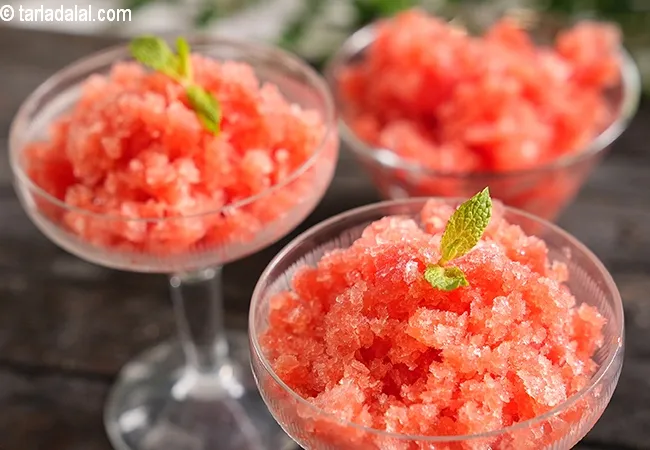 watermelon slush | healthy frozen Indian watermelon summer dessert | 3 ingredient watermelon sorbet | no sugar tarbuj dessert |