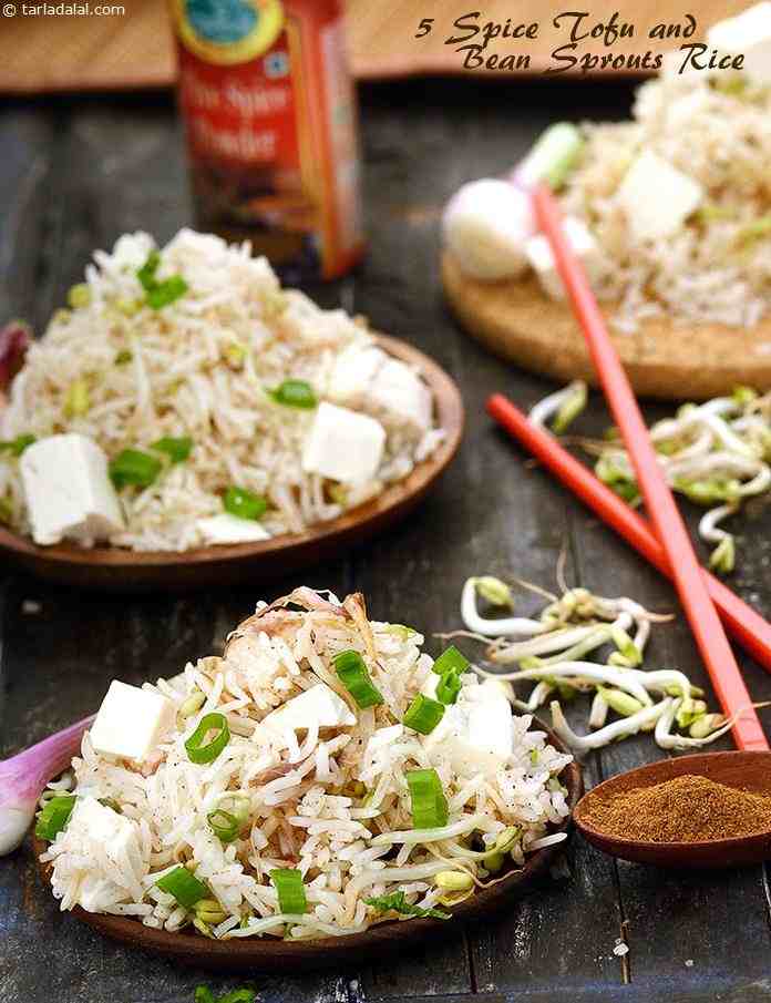 Five Spice Tofu and Bean Sprouts Rice gets its special flavour from the popular Chinese masala, the five spice powder that consists of star anise, Szechuan peppercorns, fennel, cinnamon and cloves. 