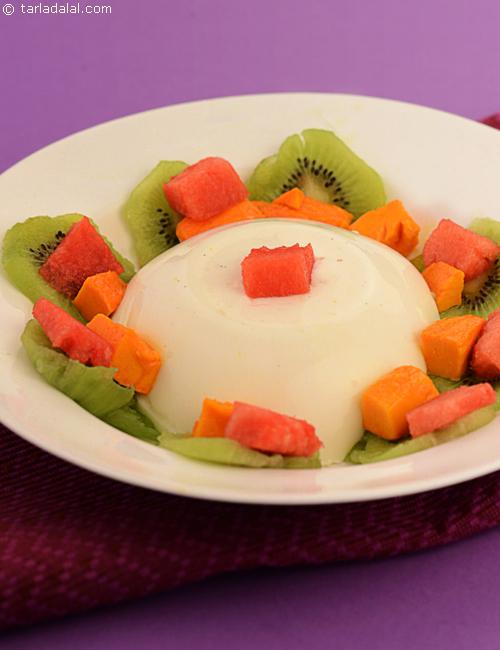 Almond Jelly with Fruit Cocktail, chilled fruits served with soft jelly.