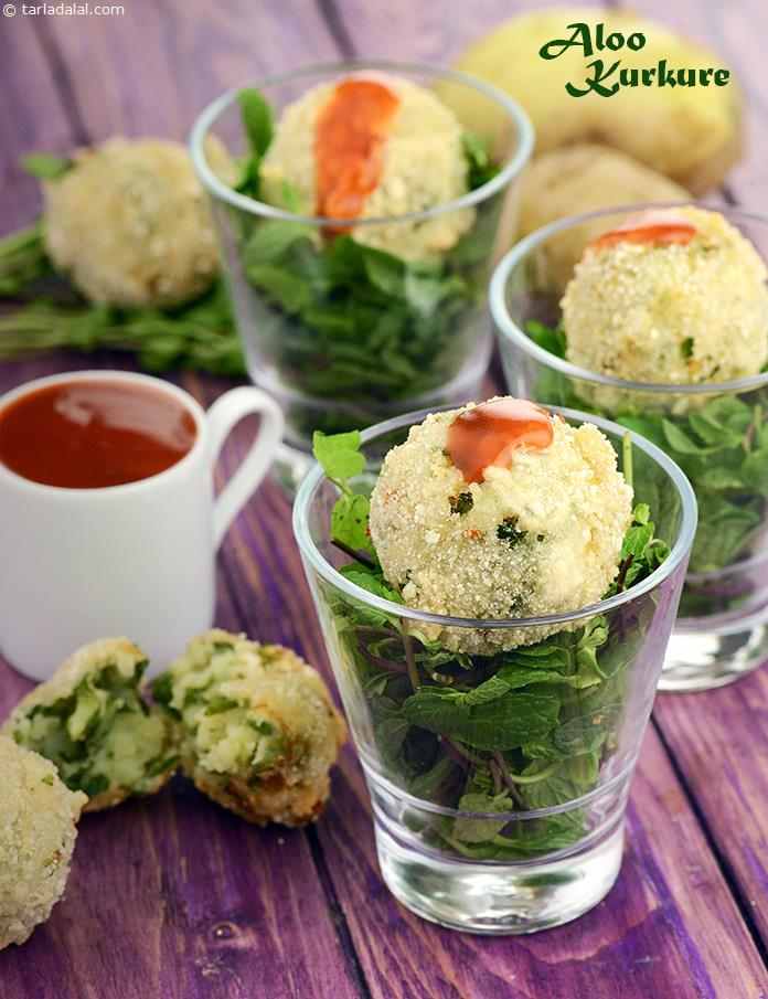 Aloo Kurkure, mint-flavoured potato mash dipped in a typical flour batter, coated with powdered beaten rice, and deep-fried till temptingly crisp.