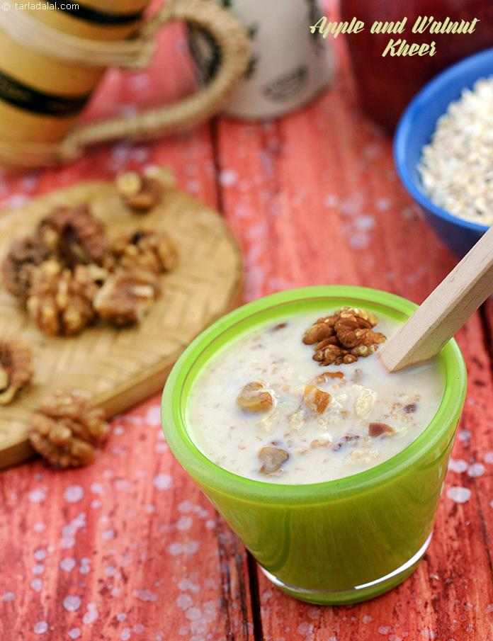 Apple and Walnut Kheer, unpeeled apple that is rich in fibre and walnuts that are rich in omega-3 fatty acids strengthen the heart, so the apple and walnut kheer can be enjoyed as an occasional treat even by those with heart problems. 