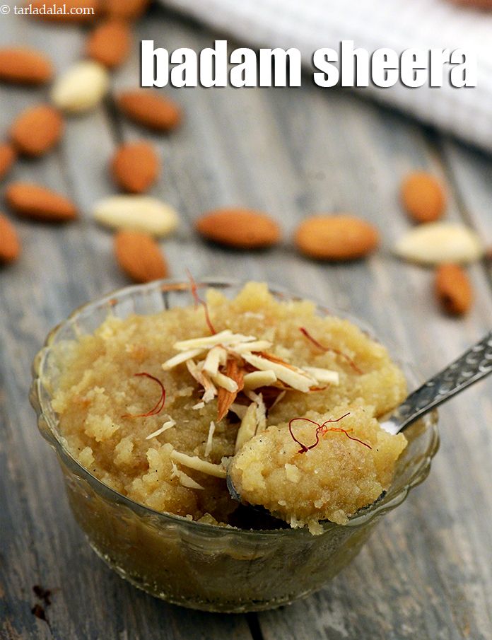 Badam ka Sheera, puréed almonds are cooked with sugar and ghee and flavoured with cardamom and saffron to make a delicious and quick dessert.