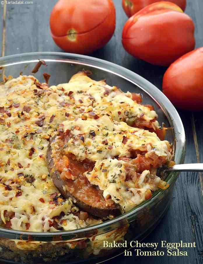 Baked Cheesy Eggplant in Tomato Salsa, with Eggs