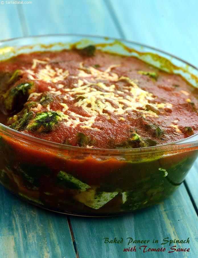 Baked Paneer in Spinach with Tomato Sauce