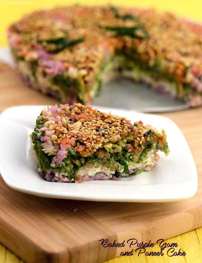 Baked Purple Yam and Paneer Cake, this baked yam and paneer cake is a savory snack that can be served as a starter or a memorable tea-time treat!