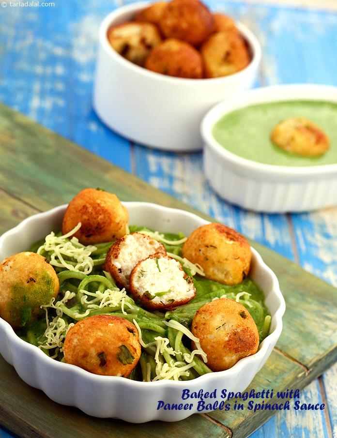 Baked Spaghetti with Paneer Balls in Spinach Sauce