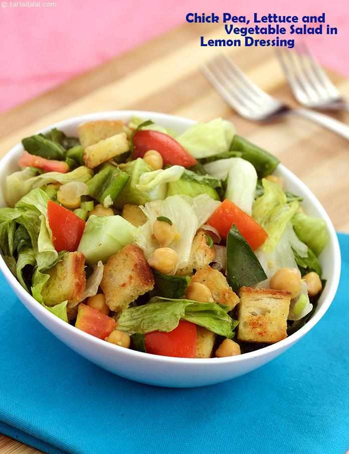 Chick Pea, Lettuce and Vegetable Salad in Lemon Dressing, garlic flavoured bread croutons gives the salad an extra crunch. 