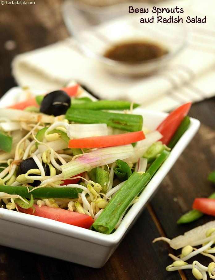 Bean Sprouts and Radish Salad, combined with spiky capsicum, pungent radish and a very Oriental dressing, bean sprouts transform into a tongue-tingling delicacy, further enhanced by an exotic garnish of black olives and tangy tomatoes.