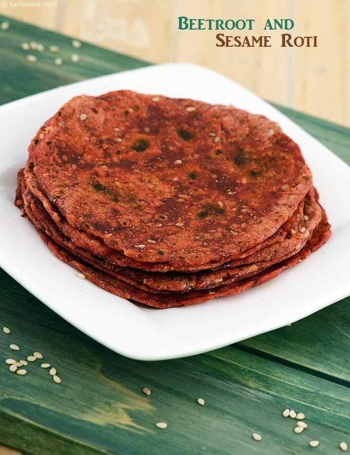Beetroot and Sesame Roti, a colourful roti tinged by the pink shades of beetroot and the savoury touch of til, with coriander powder and chilli powder for added flavour.