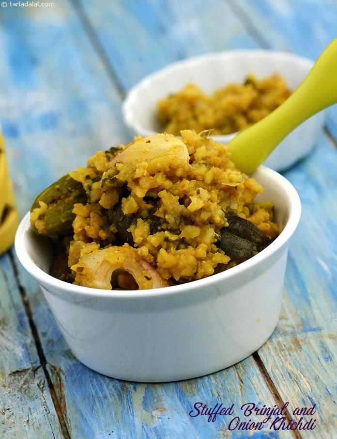 Stuffed Brinjal and Onion Khichdi is a dish with a combination of stuffed vegetables and khichadi, which are mixed together and pressure cooked till done. 