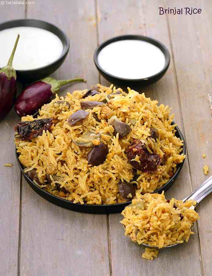 The succulent brinjal or eggplant is pressure-cooked in a unique blend of spices and rice. This rice is a complete meal by itself and a wonderful treat for brinjal lovers. Dig-in!
