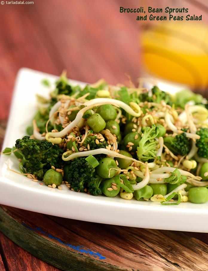 Broccoli, Bean Sprouts and Green Peas Salad, a combination of antioxidant and fibre rich greens like broccoli and green peas with bean sprouts is an asset for weight-watchers. The sesame seeds add a unique taste to this salad.