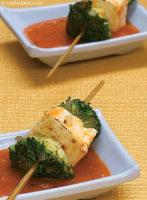 Broccoli and Paneer Satay in Red Pepper Sauce ( Healthy Starter Recipe )