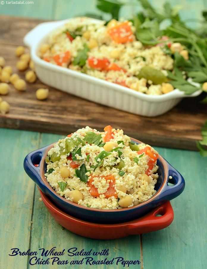 A hearty mediterranean salad that is quite a meal by itself! broken wheat, boiled chick peas, and roasted colourful peppers come together in this delicious salad.