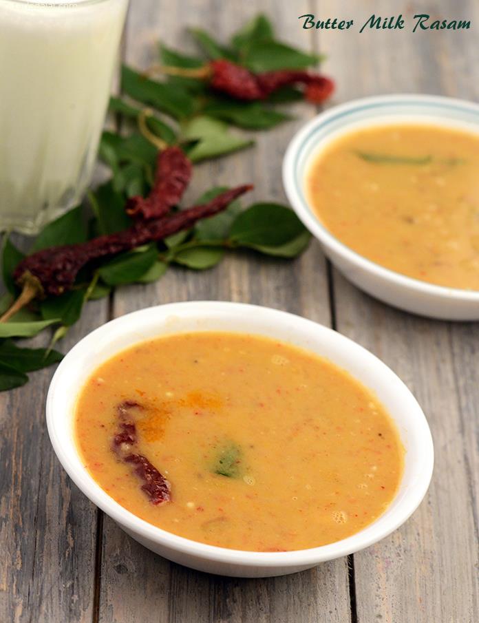 Buttermilk rasam is a ‘light’, moderately spicy rasam that can be safely consumed even by those with cold or fever for whom raw buttermilk is usually not allowed. 
