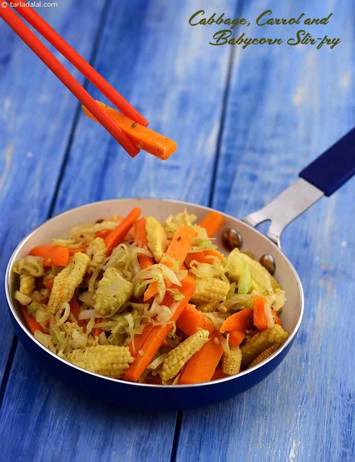 Cabbage, Carrot and Babycorn Stir-fry is spiced minimally with pepper, cumin seeds and green chillies. All three veggies are rich in antioxidants and loaded with fibre. 