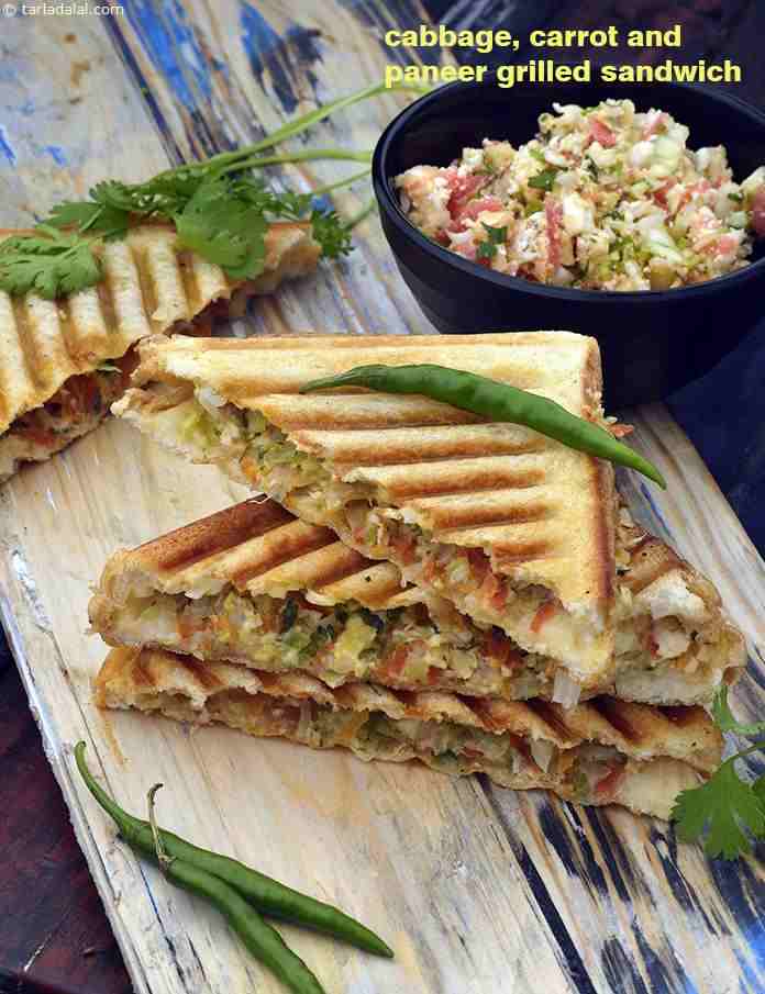 Cabbage, Carrot and Paneer Grill Sandwich