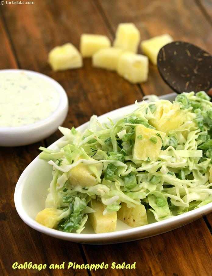 Cabbage and Pineapple Salad, a crunchy and juicy salad with a creamy dressing that blends in beautifully, the cabbage and pineapple salad is ideal for summer. The pineapple quenches thirst while the curd dressing cools you down.