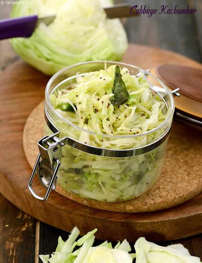 Cabbage Kachumber is a refreshing accompaniment that features shredded cabbage tempered like a traditional kachumber and perked up with lemon juice too. 
