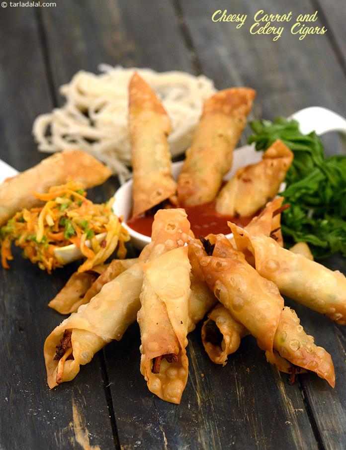 An exciting snack with a clearly Oriental touch, the Cheesy Carrot and Celery Cigars will make an excellent starter, served simply with chilli sauce. 