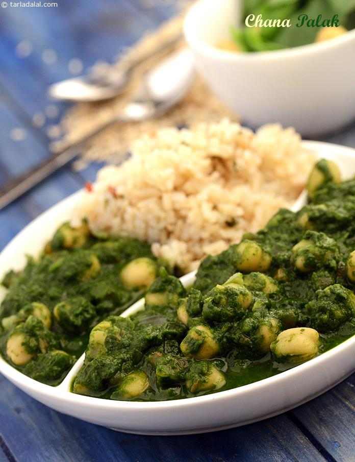Chana Palak, a luscious preparation of chickpeas, cooked in a mild gravy of spinach, flavoured with onions, tomatoes, and other common spices and pastes, is a wonderful accompaniment for sumptuous whole wheat parathas or brown rice.
