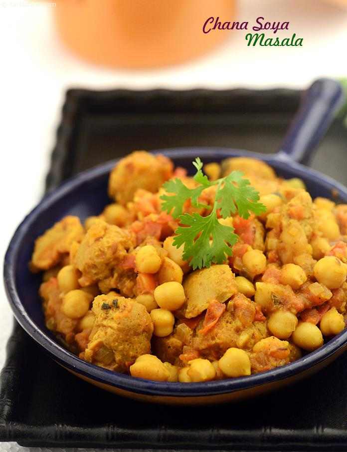 Chana Soya Masala, protein-rich combination of chana and soya flavoured amply with masala pastes and powders, and kasuri methi for a final highlight is a delightful subzi that is very easy to prepare. 