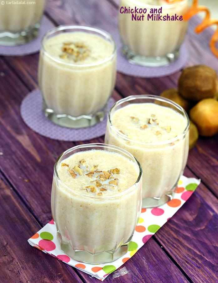 Chickoo and Nut Milkshake, this energy drink contains chickoo, milk, cashewnuts and walnuts. a smashing combination of ingredients that tastes amazingly great! 