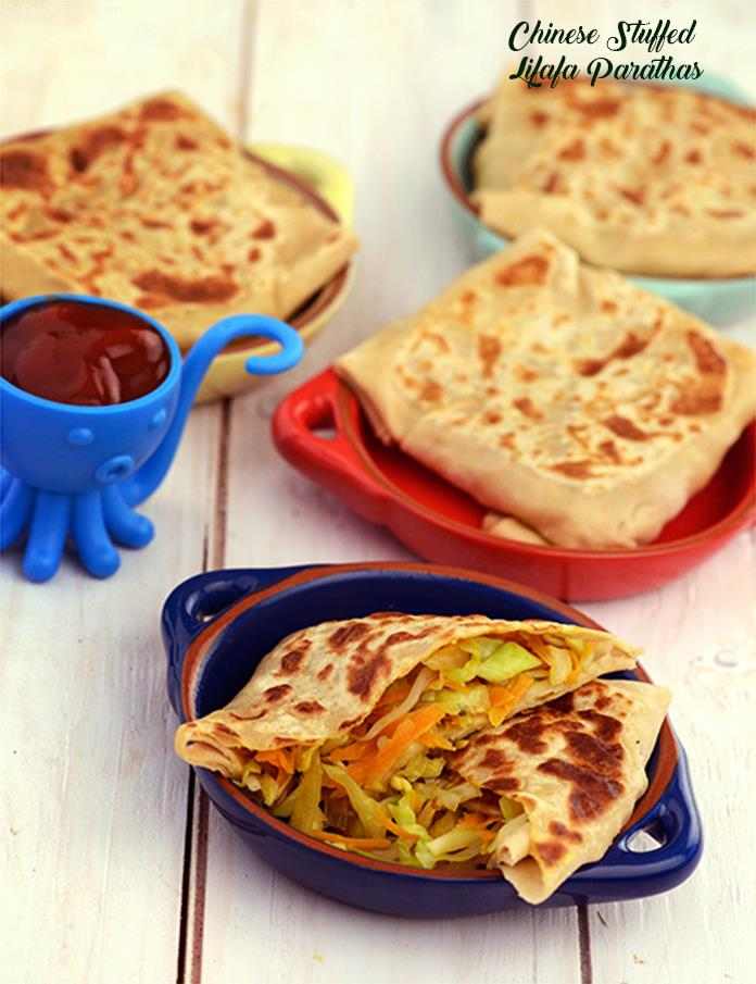 Loaded with excitingly crunchy and colourful veggies perked up with soy sauce. Take care to fold the Chinese Stuffed Lifafa Parathas as described, and cook them till golden brown, for a perfect flavour and texture.