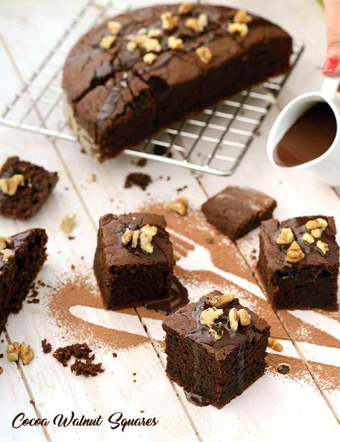 Cocoa Walnut Squares use the perfect proportions of cocoa, sugar and butter in the cake as well as the sauce, to deliver a tantalizingly chocolaty experience. 