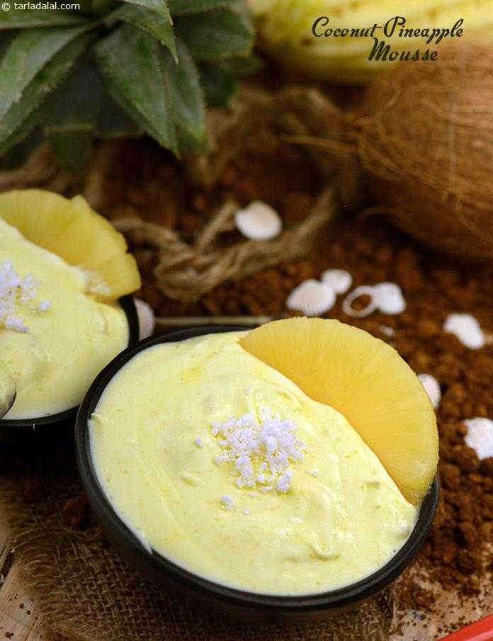 Coconut Pineapple Mousse, Voila, the well-known pinacolada combo has transformed into a mousse! this delicious mousse, with its winning looks, is a popular one in eastern countries and is sure to be liked by all who taste it. 