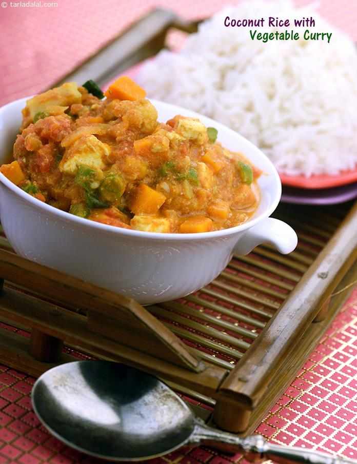 Coconut Rice with Vegetable Curry, richly cooked with coconut milk and desi spices, topped with a luxurious, creamy curry of mixed veggies and paneer, this is truly a delicacy, prepared easily in the comfort of your own kitchen with a humble kadhai. 
