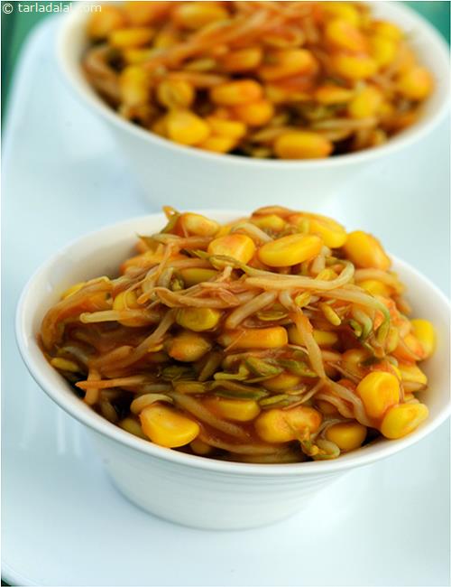Corn and Bean Sprouts, a typically oriental combination of bean sprouts and corn in a garlicky tomato base. Corn and bean sprouts can be served as a table-top accompaniment to almost any chinese preparation, be it a noodle, soup or rice preparation.