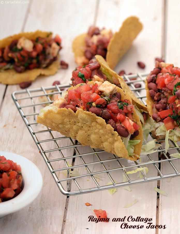 Taco shells made with maize and wheat flours flavoured mildly with carom seeds, are stuffed with a protein-rich combo of rajma and paneer perked up with onions, cumin seeds powder, etc.and laced with fresh, uncooked salsa 
