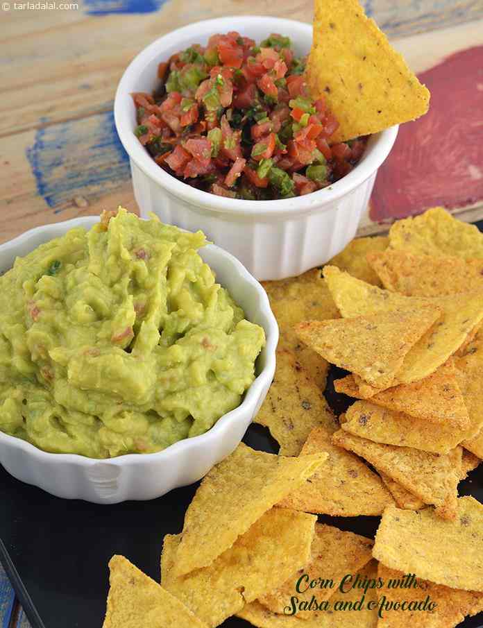 Corn Chips with Salsa and Avacado Dip