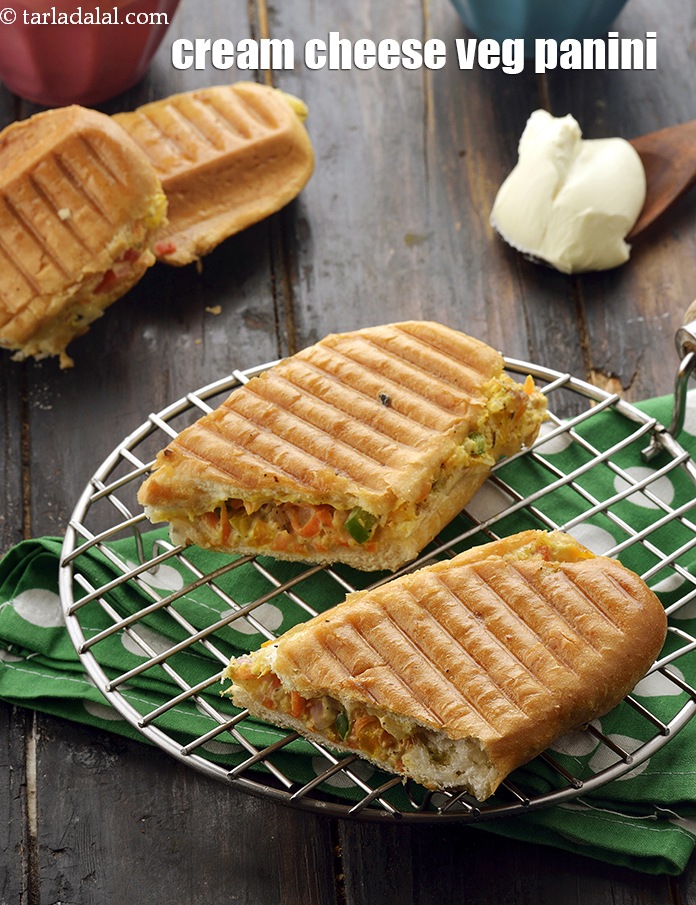 cream cheese veg panini recipe, cream cheese sandwich, grilled veggie  cream cheese panini, Indian style