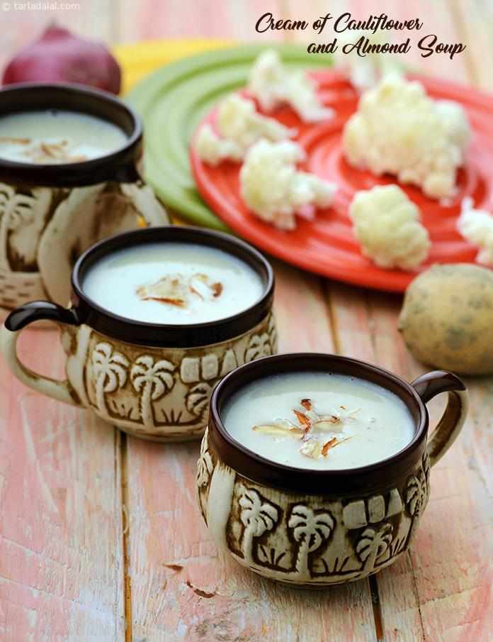 The Cream of Cauliflower and Almond Soup is a sumptuous choice with a mild, soothing flavour and creamy consistency interspersed with the exciting crunch of roasted almonds. 