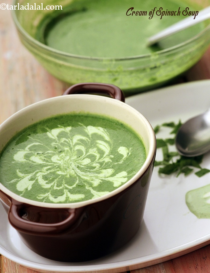Cream of Spinach Soup features a blend of spinach, onions and chillies combined with white sauce and fresh cream, all of which gives it a milky flavour and rich mouth-feel. 